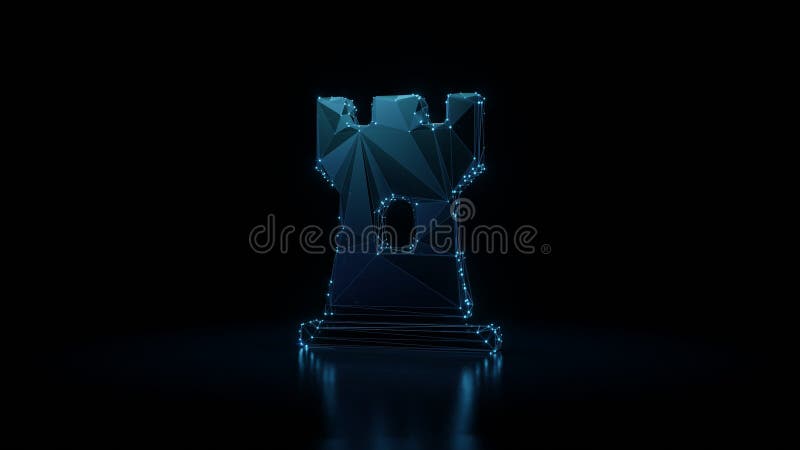 3d rendering wireframe neon glowing symbol of chess rook on black background with reflection stock illustration