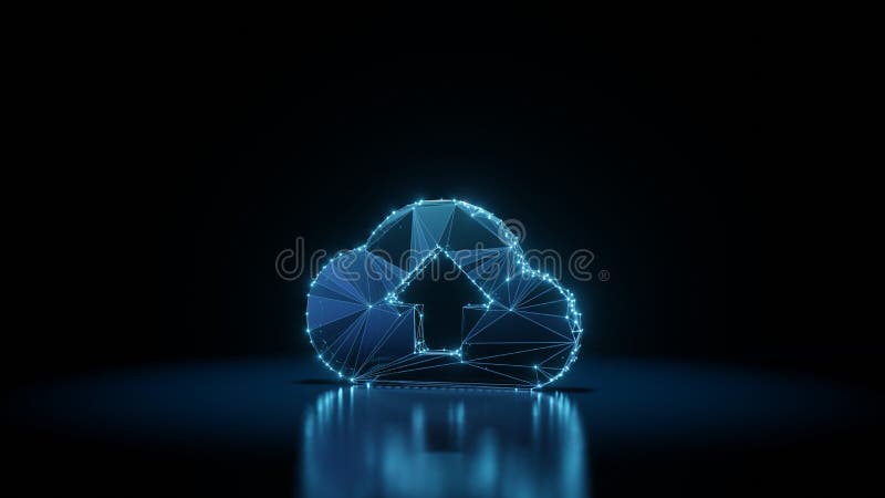 3d rendering wireframe neon glowing symbol of cloud upload on black background with reflection stock illustration