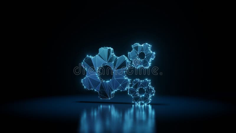 3d rendering wireframe neon glowing symbol of cogwheels on black background with reflection stock illustration