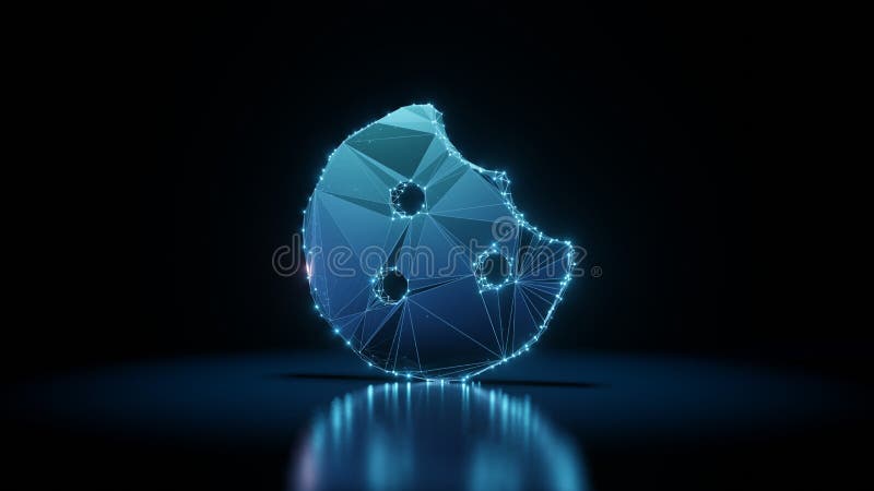 3d rendering wireframe neon glowing symbol of cookie bite on black background with reflection stock illustration