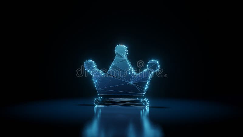 3d rendering wireframe neon glowing symbol of crown on black background with reflection stock illustration