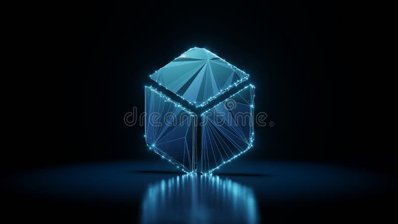 3d rendering wireframe neon glowing symbol of dice on black background with reflection stock illustration.