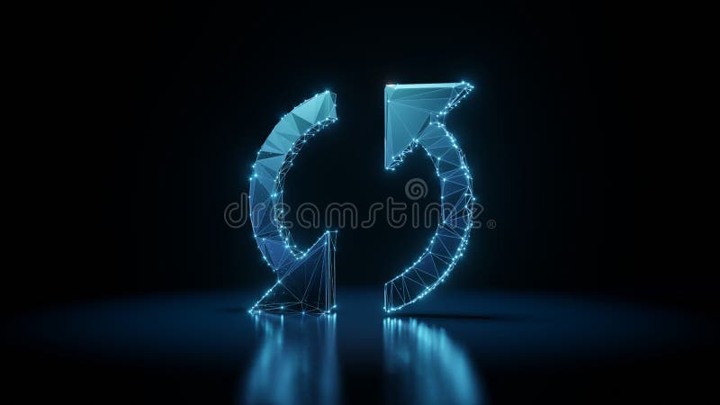 3d rendering wireframe neon glowing symbol of double refresh arrow on black background with reflection royalty free illustration