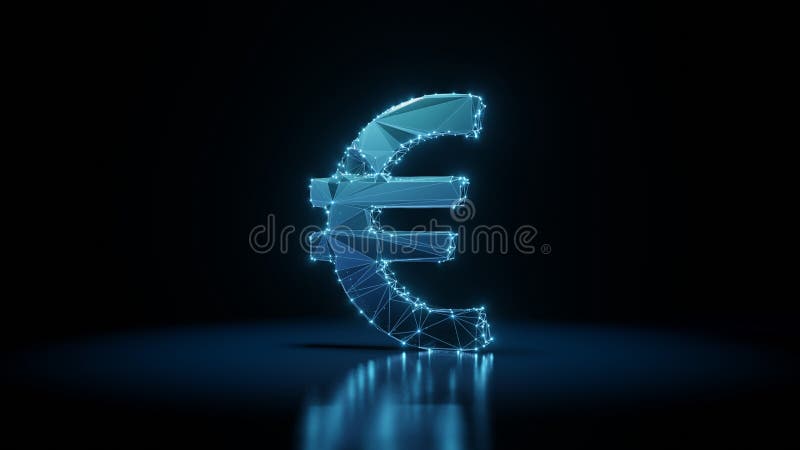 3d rendering wireframe neon glowing symbol of euro sign on black background with reflection vector illustration