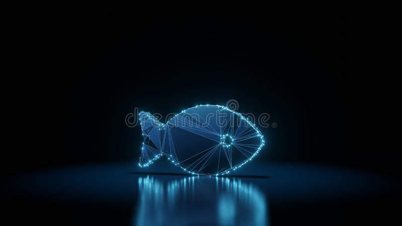 3d rendering wireframe neon glowing symbol of fish on black background with reflection royalty free illustration