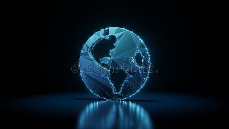 3d rendering wireframe neon glowing symbol of globe Americas on black background with reflection royalty free illustration