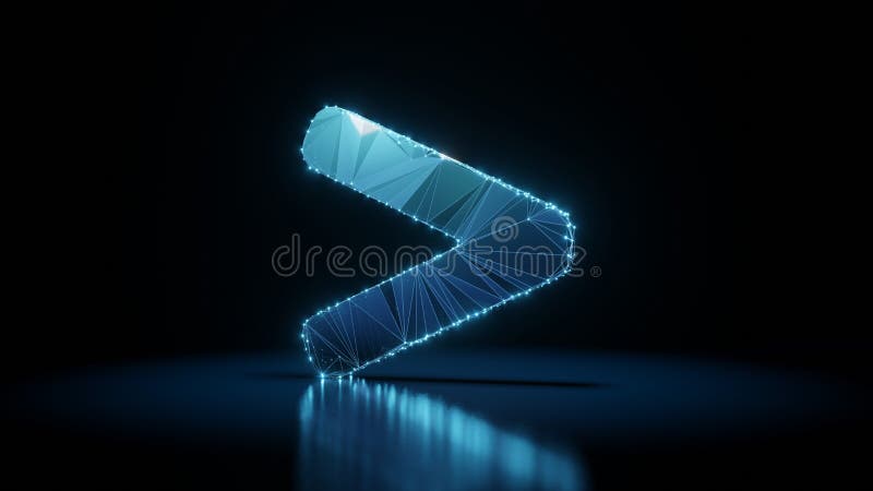 3d rendering wireframe neon glowing symbol of greater than on black background with reflection royalty free illustration