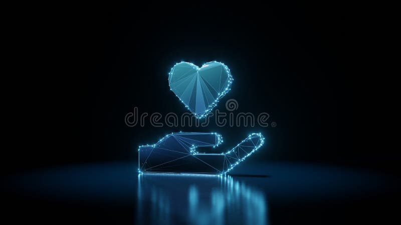 3d rendering wireframe neon glowing symbol of hand holding heart on black background with reflection royalty free illustration