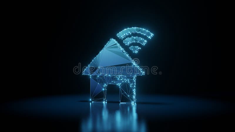 3d rendering wireframe neon glowing symbol of house wi-fi on black background with reflection royalty free illustration