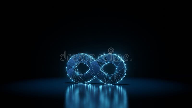 3d rendering wireframe neon glowing symbol of infinity on black background with reflection royalty free illustration