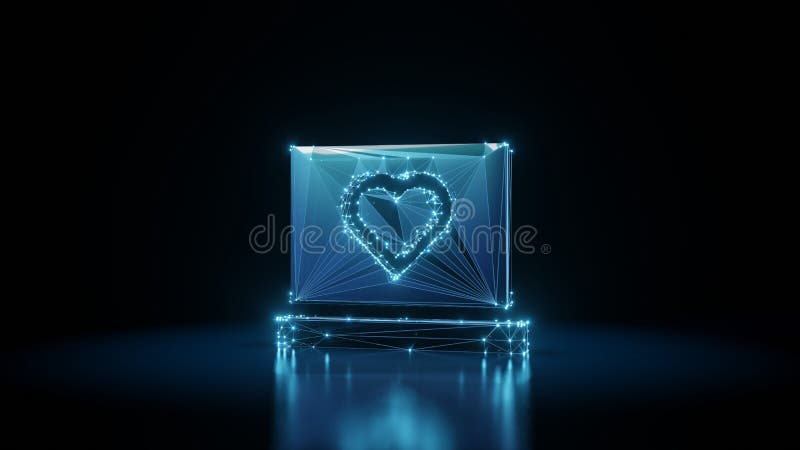 3d rendering wireframe neon glowing symbol of laptop on black background with reflection royalty free illustration