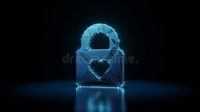 3d rendering wireframe neon glowing symbol of lock on black background with reflection stock illustration