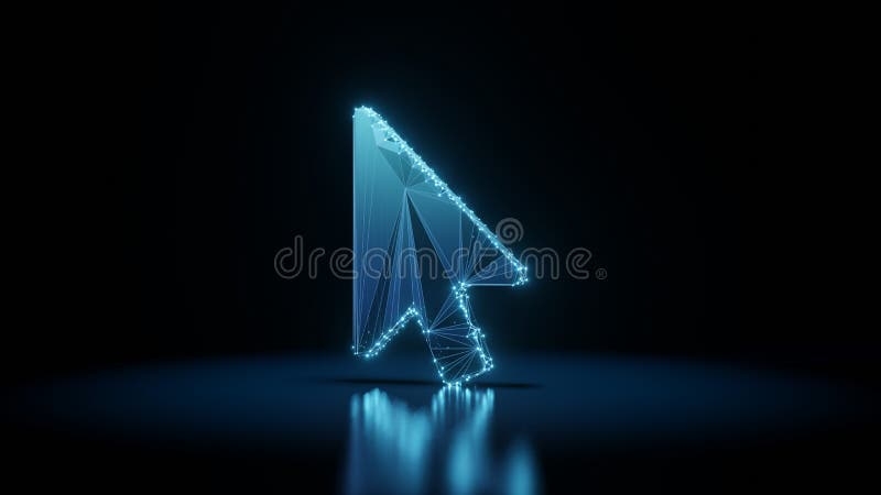 3d rendering wireframe neon glowing symbol of mouse pointer on black background with reflection stock illustration
