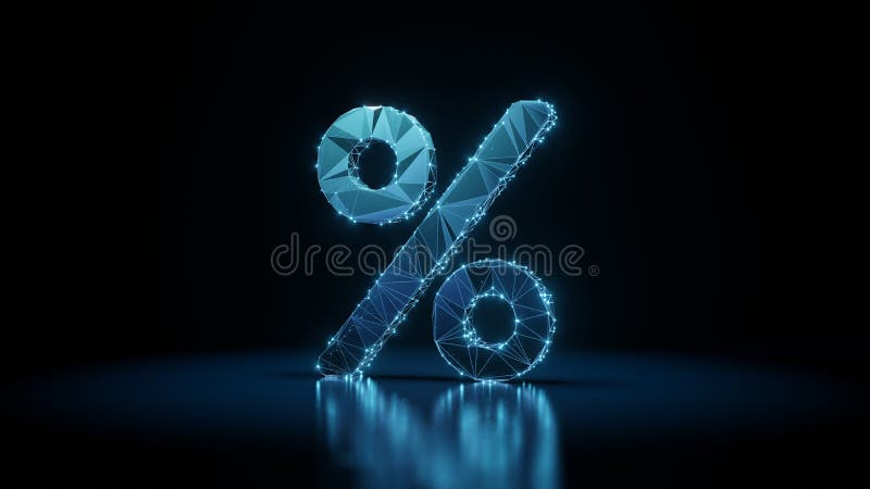 3d rendering wireframe neon glowing symbol of percent on black background with reflection royalty free illustration