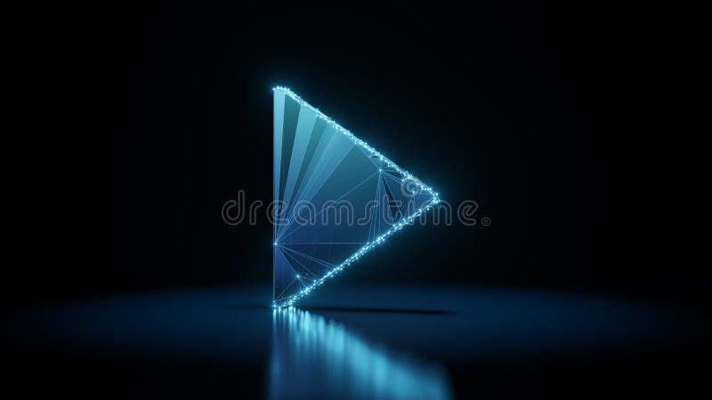 3d rendering wireframe neon glowing symbol of play button on black background with reflection stock illustration