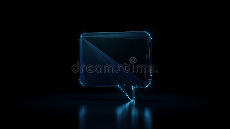 3d rendering wireframe neon glowing symbol of rectangular chat bubble on black background with reflection royalty free illustration