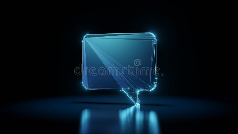 3d rendering wireframe neon glowing symbol of rectangular chat bubble on black background with reflection stock illustration