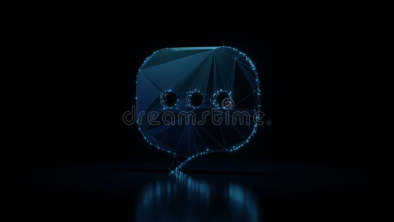 3d rendering wireframe neon glowing symbol of rounded chat bubble on black background with reflection royalty free illustration