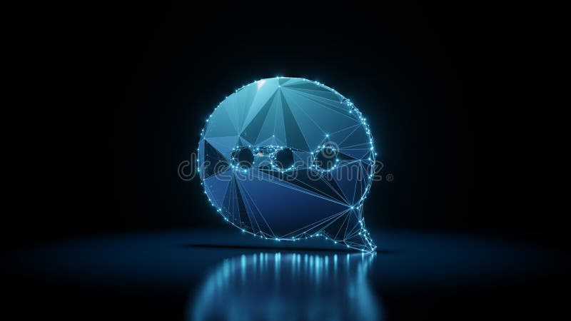3d rendering wireframe neon glowing symbol of rounded chat bubble on black background with reflection stock illustration