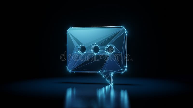 3d rendering wireframe neon glowing symbol of rounded chat bubble on black background with reflection stock illustration