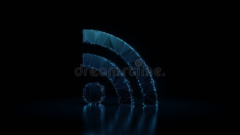 3d rendering wireframe neon glowing symbol of rss on black background with reflection royalty free illustration