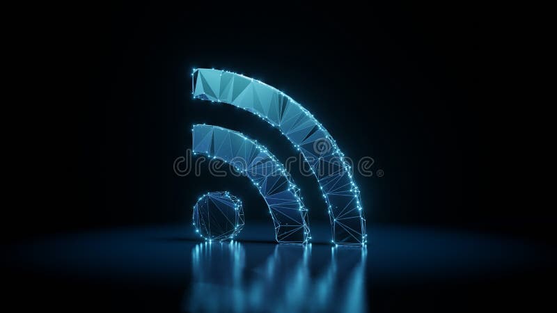 3d rendering wireframe neon glowing symbol of rss on black background with reflection stock illustration
