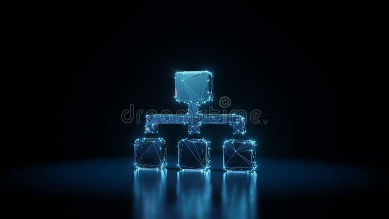 3d rendering wireframe neon glowing symbol of sitemap on black background with reflection stock illustration