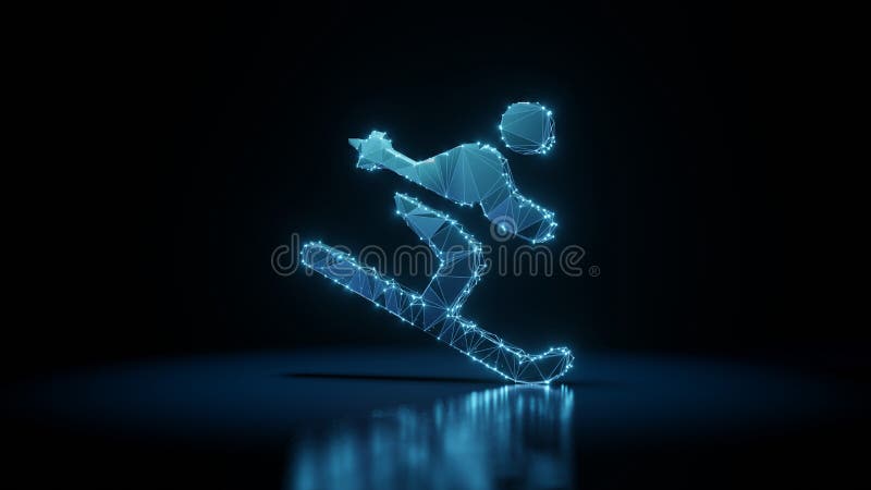 3d rendering wireframe neon glowing symbol of skiing on black background with reflection stock illustration