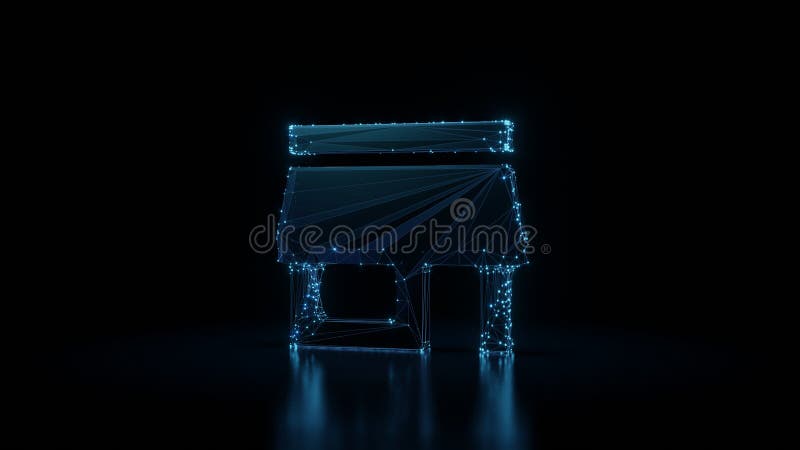 3d rendering wireframe neon glowing symbol of store on black background with reflection royalty free illustration