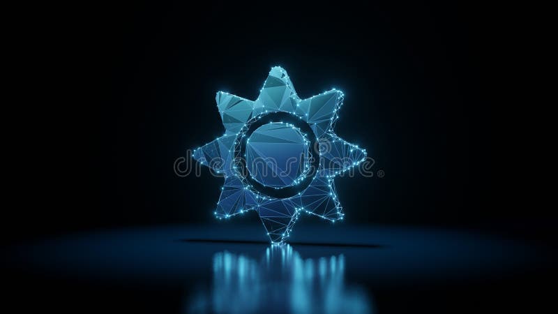 3d rendering wireframe neon glowing symbol of sun on black background with reflection royalty free illustration