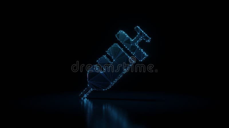 3d rendering wireframe neon glowing symbol of syringe on black background with reflection royalty free illustration