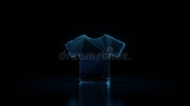 3d rendering wireframe neon glowing symbol of t-shirt on black background with reflection stock illustration
