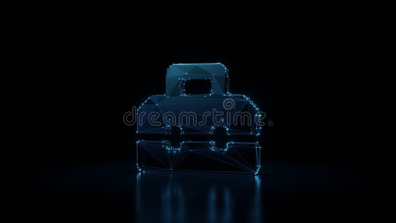 3d rendering wireframe neon glowing symbol of toolbox on black background with reflection royalty free illustration