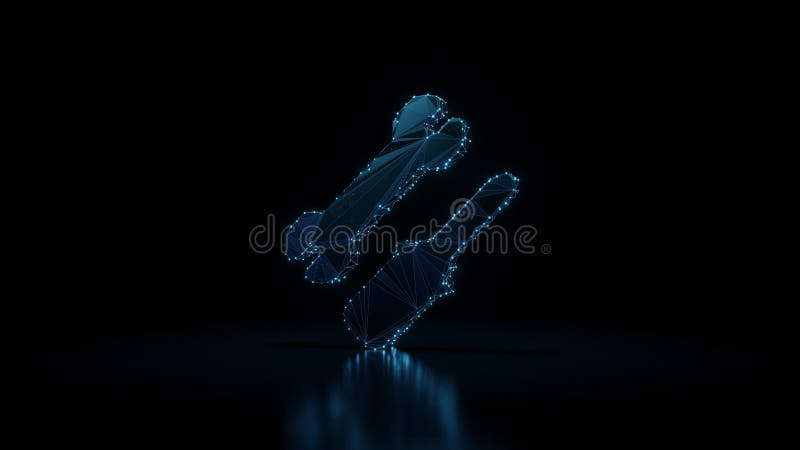 3d rendering wireframe neon glowing symbol of tools on black background with reflection stock illustration