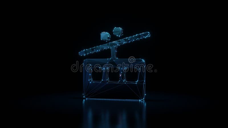 3d rendering wireframe neon glowing symbol of tram on black background with reflection stock illustration