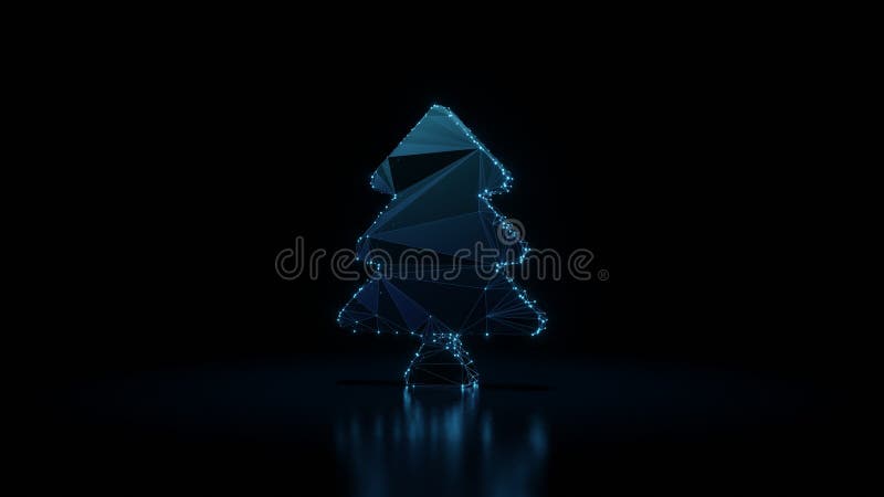 3d rendering wireframe neon glowing symbol of tree on black background with reflection stock illustration