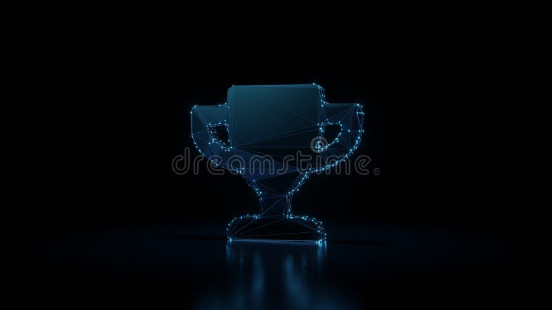 3d rendering wireframe neon glowing symbol of trophy on black background with reflection royalty free illustration