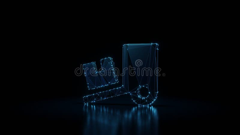 3d rendering wireframe neon glowing symbol of truck loading on black background with reflection stock illustration