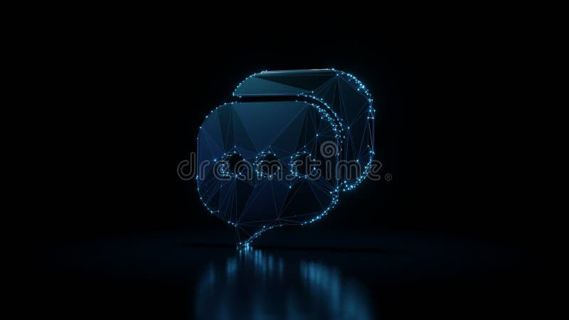 3d rendering wireframe neon glowing symbol of two rounded chat bubble on black background with reflection stock illustration