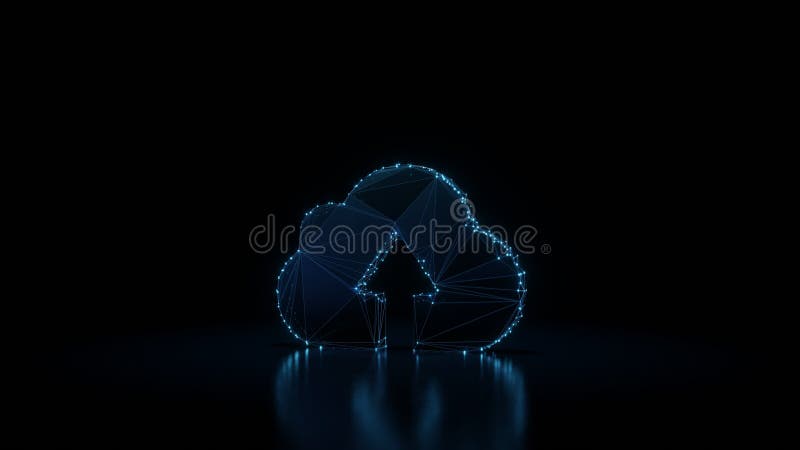 3d rendering wireframe neon glowing symbol of upload to cloud on black background with reflection royalty free illustration
