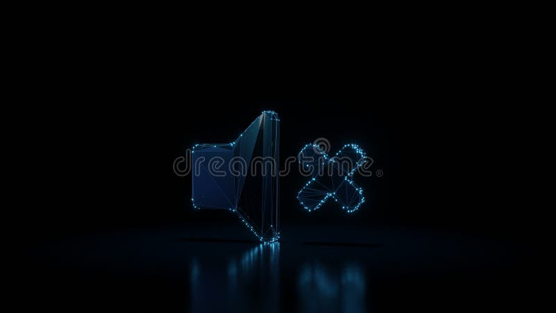 3d rendering wireframe neon glowing symbol of volume mute on black background with reflection royalty free illustration