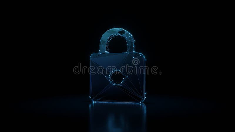 3d rendering wireframe neon glowing symbol of web on black background with reflection stock illustration.