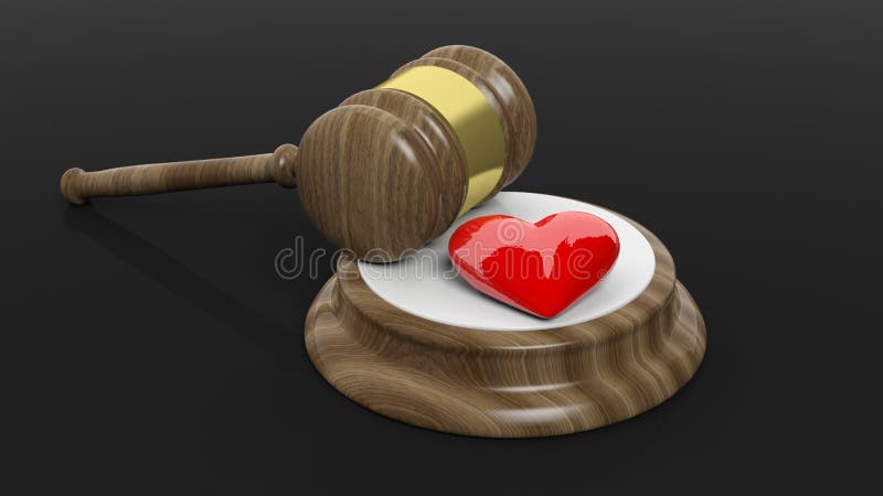 3D rendering of wooden gavel and red heart symbol