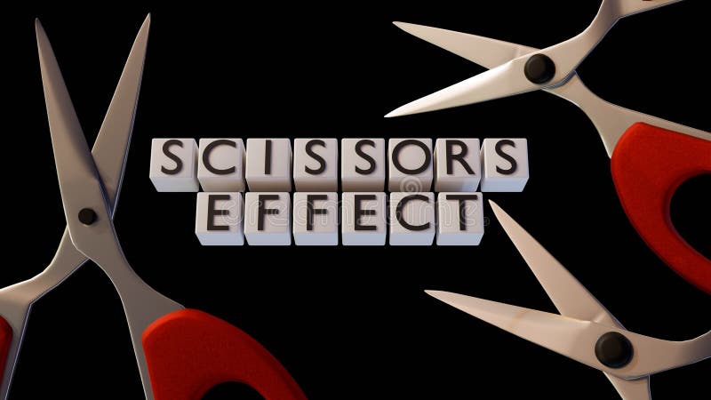 The words \'SCISSORS EFFECT\' are spelled out on cubic blocks and scissors. royalty free illustration