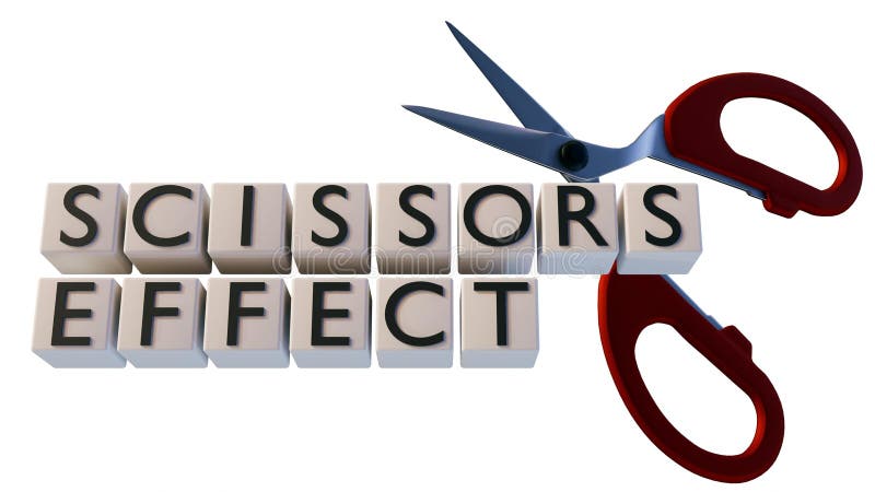 The words \'SCISSORS EFFECT\' are spelled out on cubic blocks and scissors. stock illustration
