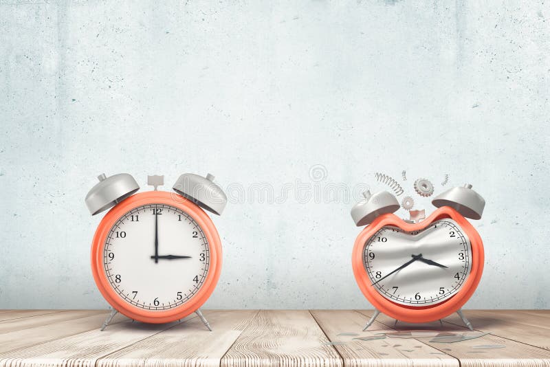3d rendering of a working silver red alarm clock and a damaged one on white wooden floor and white wall background stock photography 3d rendering of a working silver red alarm clock and a damaged one on white wooden floor and white wall background stock photography