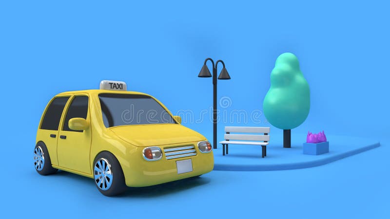 3d render yellow taxi eco car and a chair tree lamp on footpath of street,city transportation concept cartoon style