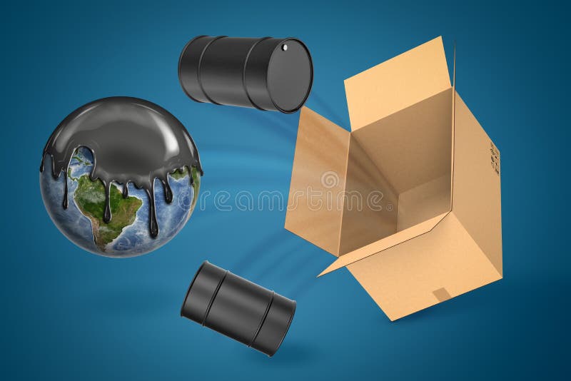 3d rendering zakrywający z nafcianymi i czarnymi nafcianymi baryłkami lata z kartonu na błękitnym tle ziemska kula ziemska royalty ilustracja 3d rendering zakrywający z nafcianymi i czarnymi nafcianymi baryłkami lata z kartonu na błękitnym tle ziemska kula ziemska royalty ilustracja