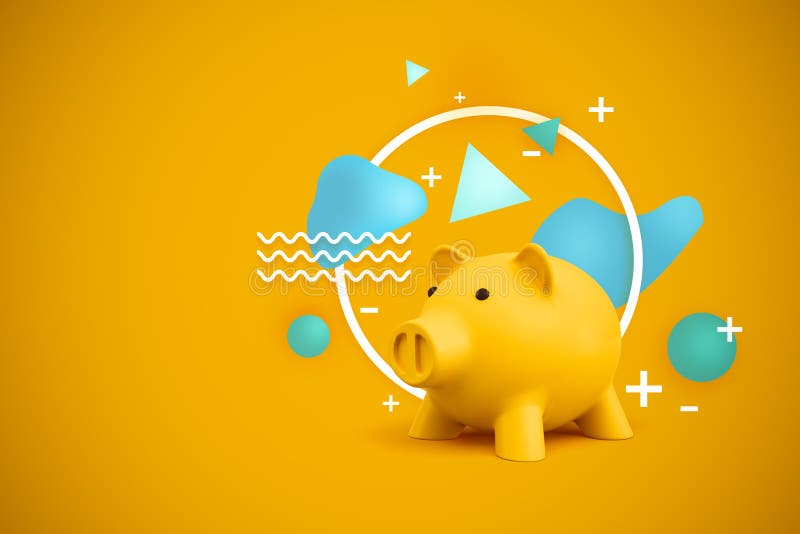 3d rendering żółty prosiątko bank z różnymi kształtami za nim na żółtym tle ilustracja wektor 3d rendering żółty prosiątko bank z różnymi kształtami za nim na żółtym tle ilustracja wektor