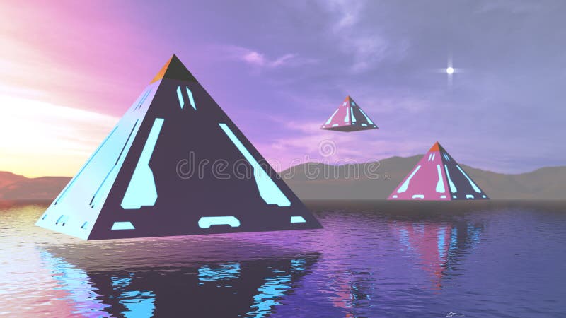 3D renderingu fantazji abstrakcjonistyczni ostrosłupy nad - woda ilustracja wektor 3D renderingu fantazji abstrakcjonistyczni ostrosłupy nad - woda ilustracja wektor